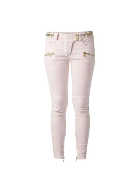 Balmain Rose Pink Low-Rise Lace & Chain Biker Jeans