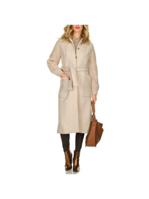 Other Designers ba&sh Calas Cable Knit Sleeve Long Wool Coat in Creme