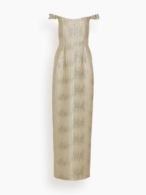 markarian Yolanda Brocade Off The Shoulder Gown in Gold Wavy Stripe