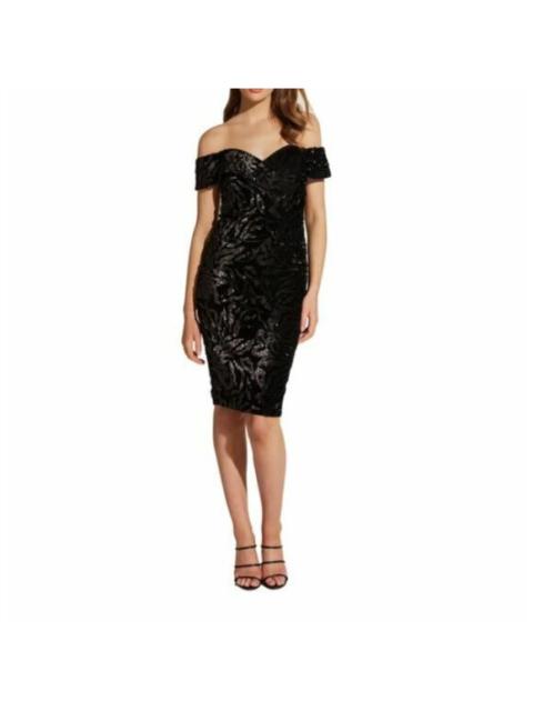 Other Designers Bardot Cocktail Dress Sequin Velvet Off the Shoulder Midi Black SZ 4/XS