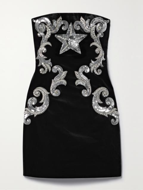 Balmain Strapless Embellished Cotton-velvet Mini Dress
