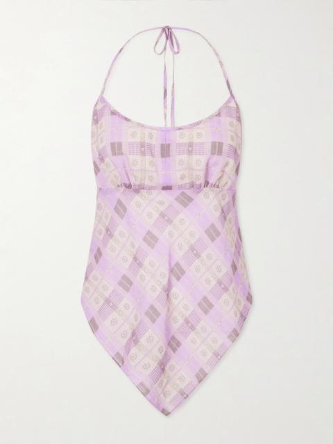 ANNA SUI Apron Checked Printed Cotton-voile Halterneck Top