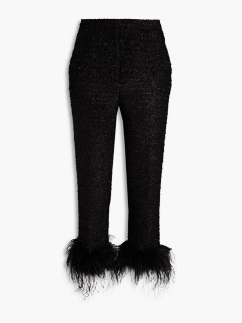 REBECCA VALLANCE Jourdan cropped feather-trimmed metallic tweed tapered pants
