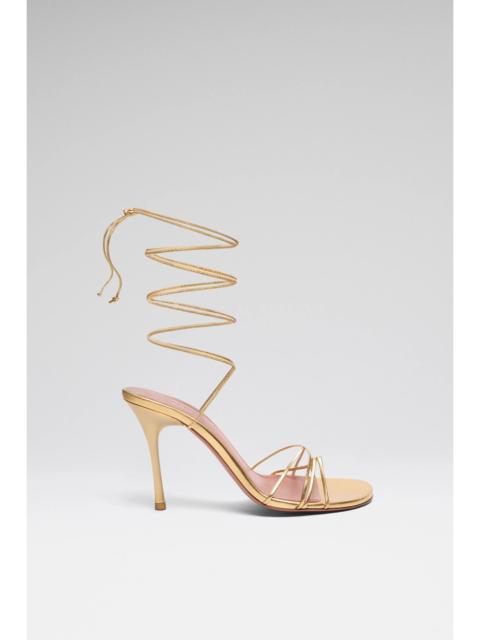 Amina Muaddi LORI LACE UP SANDAL 95 GOLD METALLIC NAPPA AND GOLD SHINY HEEL