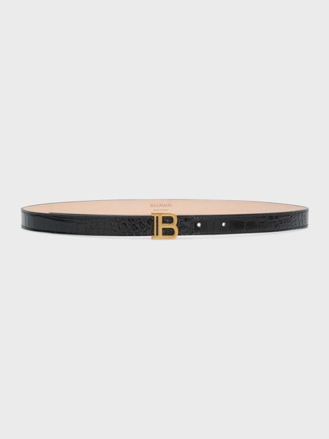 Balmain B-Monogram Croc-Embossed Skinny Leather Belt