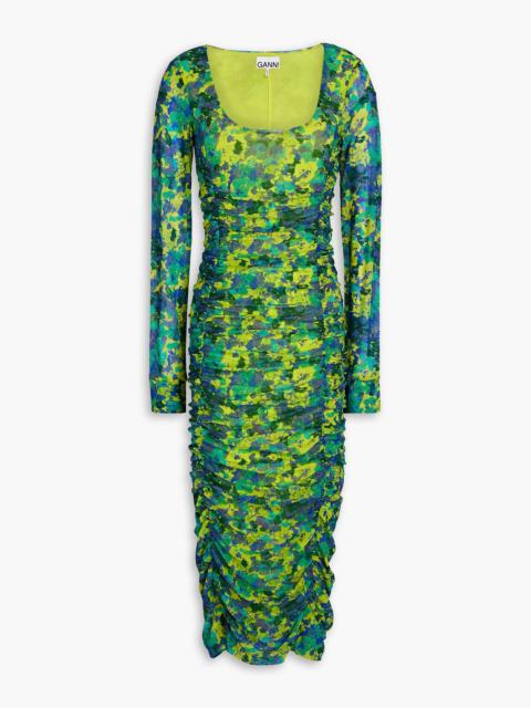 GANNI Ruched printed stretch-mesh midi dress