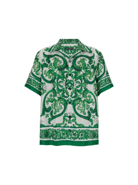'palermo' Green And White Bowling Shirt With Majolica Print In Silk Man