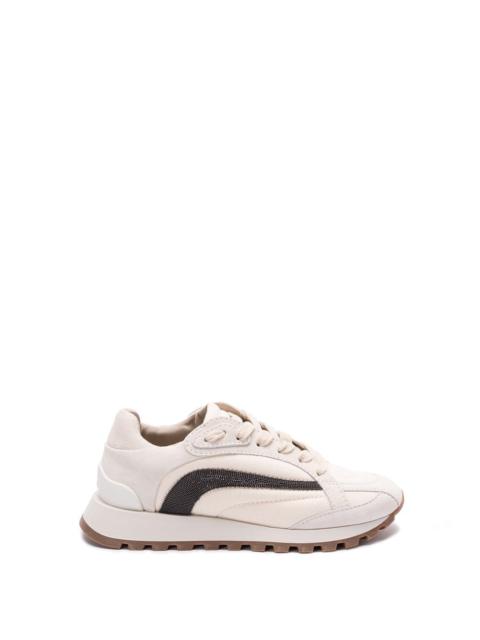 Brunello Cucinelli Women Suede And Bonded Cotton Twill Sneakers With `Precious` Stripe