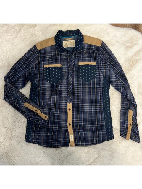 Other Designers Entree LS Plaid Mixed Print Suede Detail Long Sleeve Button Down Shirt