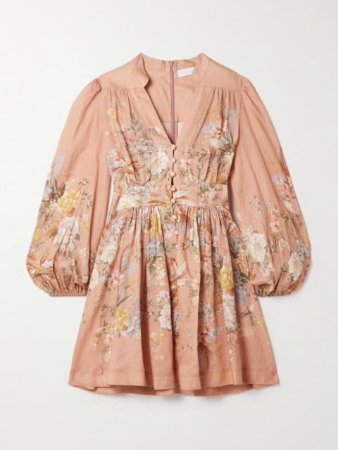 Zimmermann Tallow Pleated Floral-print Linen Mini Dress