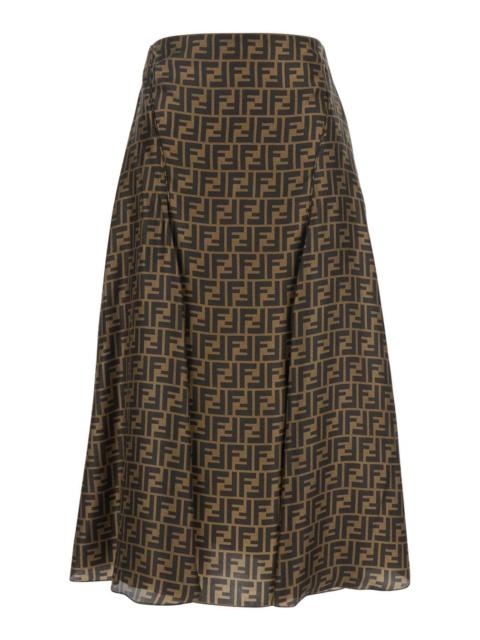 FENDI Fendi Women Brown Midi Flared Skirt With Ff All-Over Motif In Silk For Women