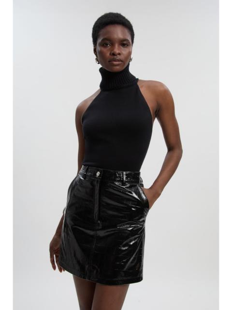 KAREN MILLEN High Shine Croc Embossed Leather Mini Skirt
