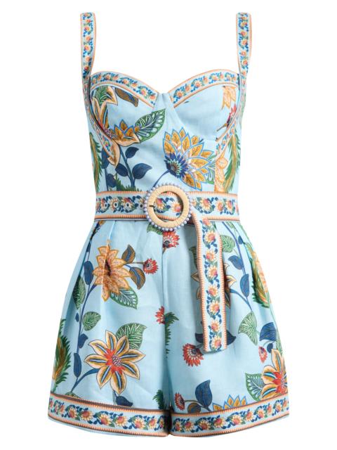 FARM RIO FARM Rio Floral Border Print Linen Blend Romper in Floral Delhi Light Blue at Nordstrom