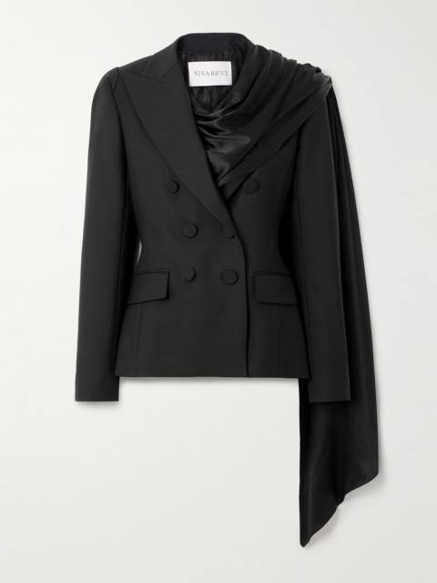 NINA RICCI Double-breasted Draped Satin-trimmed Wool Blazer