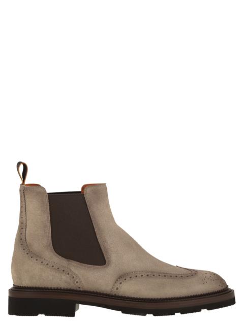 Santoni Santoni Men Chelsea Brogue Suede Ankle Boot