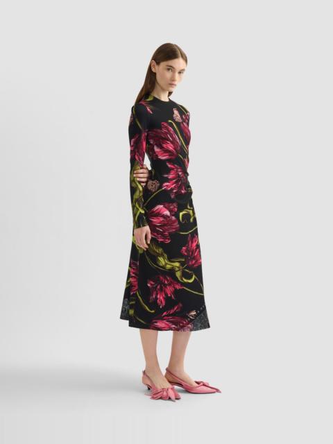 Erdem FLORAL PRINT PONTE JERSEY LONG SLEEVE MIDI DRESS