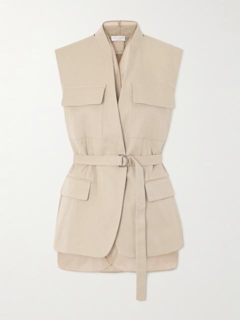 Brunello Cucinelli Belted Bead-embellished Organza-trimmed Cotton And Linen-blend Twill Vest