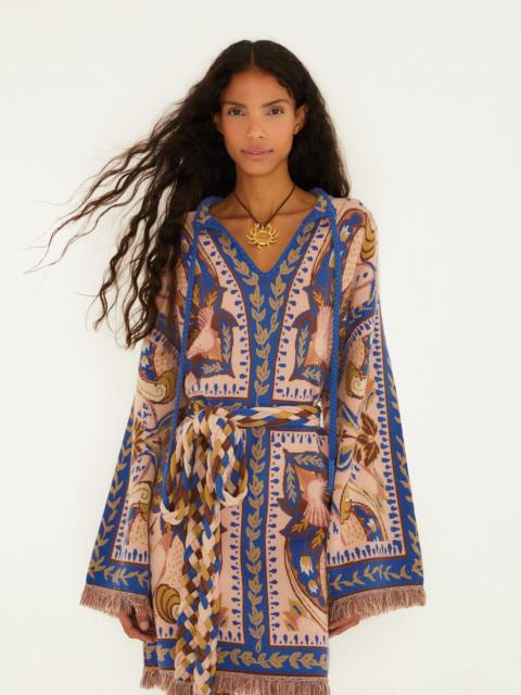 FARM RIO Blue Sea Garden Scarf Tassels Knit Mini Dress