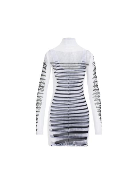 Jean Paul Gaultier Spandex Mesh Printed Feathers Mariniere Mini Dress Women