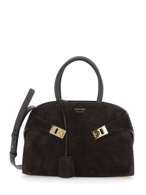 FERRAGAMO Ferragamo Women 'Hug Small' Brown Handbag With Logo And Gancini Buckle In Suede Woman