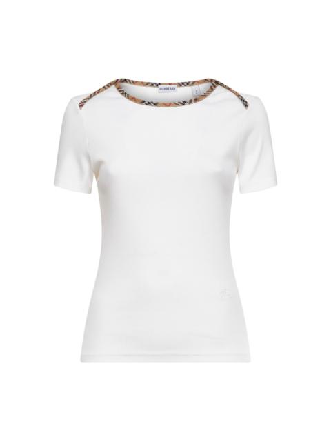 Burberry Burberry Women White Ribbed Stretch Cotton T-Shirt With Check Trims