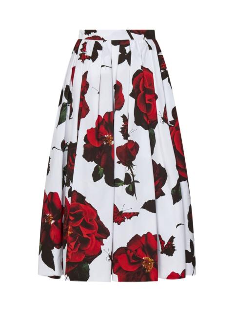 Alexander McQueen Tudor Rose Print Pleated Midi Skirt In Cotton Woman