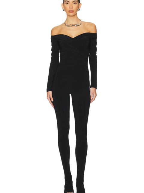 NORMA KAMALI Off Shoulder Sweetheart Catsuit With Footie