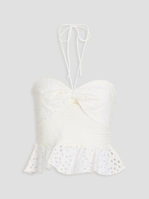 Alice + Olivia Livia broderie anglaise cotton peplum halterneck top