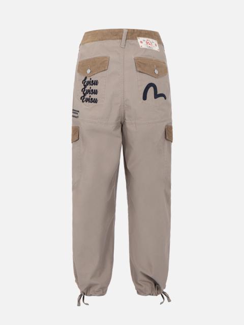 EVISU SEAGULL AND LOGO EMBROIDERY CARGO PANTS