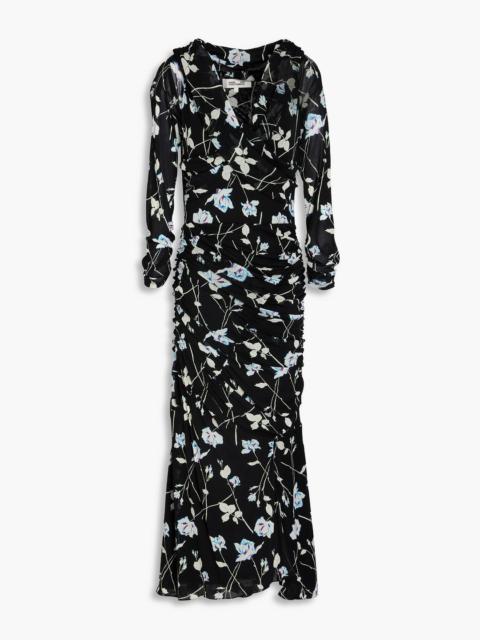 DIANE VON FURSTENBERG Ganesa off-the-shoulder ruched floral-print stretch-mesh midi dress