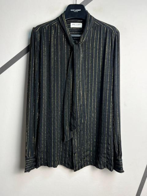 SAINT LAURENT Saint Laurent SLP Fall/Winter 2022 Runway Style Black Gold Striped Semi-Sheer Silk Bow Tie Shirt
