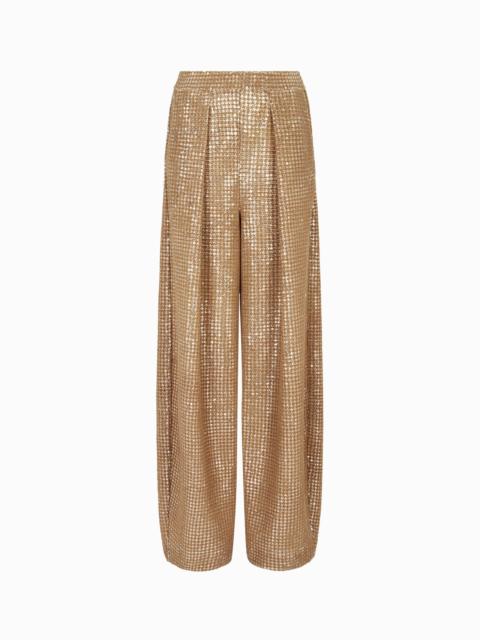 GIORGIO ARMANI SINGLE-PLEAT JERSEY TROUSERS WITH A FLOCKED PRINT AND SEQUINS