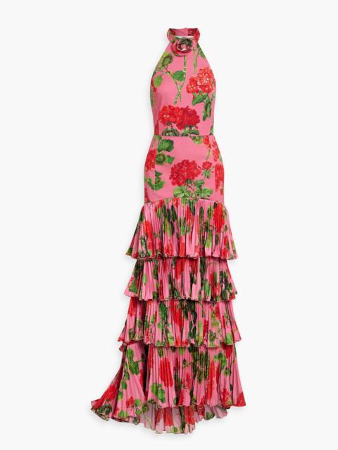 Oscar de la Renta Tiered floral-print cotton-blend sateen halterneck gown