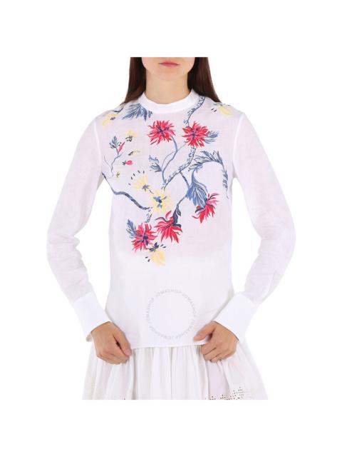 Chloe White Floral Embroidered Top In Linen Canvas