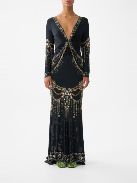 CAMILLA LONG SLEEVE GATHERED DRESS WITH TRAIN