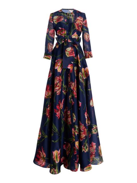 CAROLINA HERRERA Floral Silk Trench Gown navy