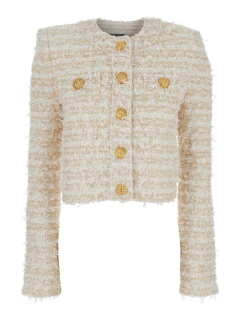 Balmain Balmain Women White Crewneck Cardigan With Jewel Buttons In Tech Fabric Woman