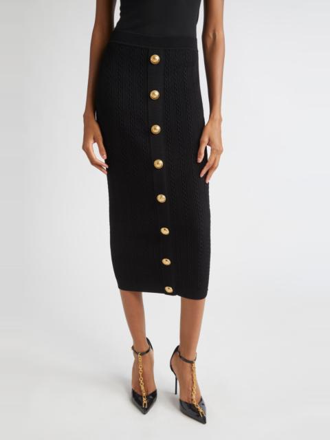 Balmain Balmain Torsade Button Detail Rib Cable Knit Midi Skirt in 0Pa Black at Nordstrom