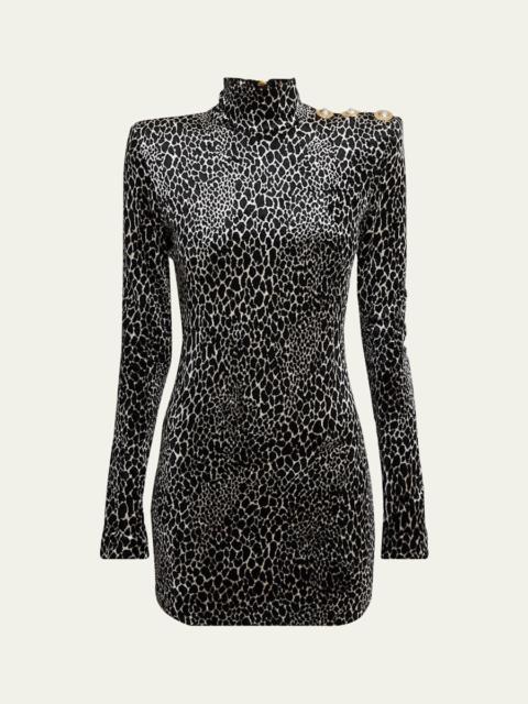 Balmain Leopard Velvet Button Strong-Shoulder Mini Dress