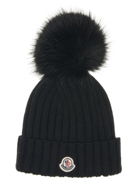 Moncler Moncler Virgin Wool Rib Beanie with Faux Fur Pompom in Black at Nordstrom