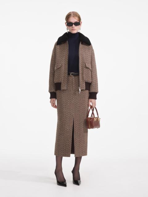 self-portrait Brown Herringbone Midi Skirt