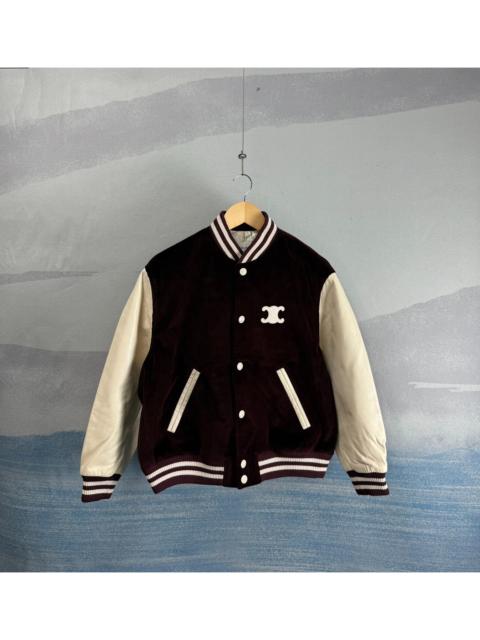 CELINE Celine Burgundy Corduroy and Leather-Panel Embroidered Varsity Jacket