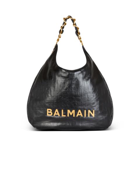 Balmain Large 1945 Soft Hobo bag in embossed crinkled calfskin with a PB Labyrinth monogram
