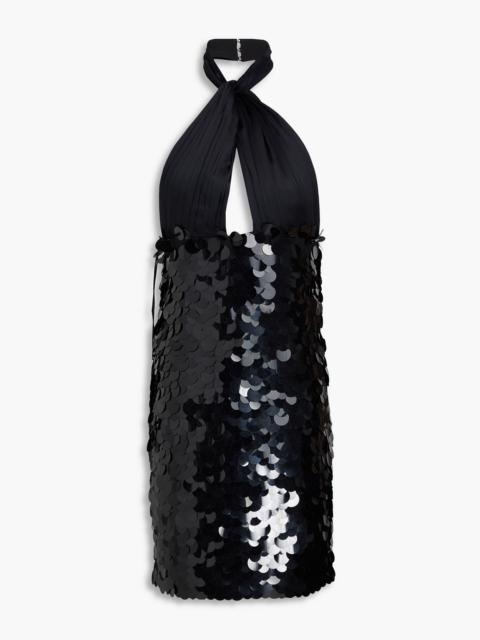 Alice + Olivia Cutout satin-paneled sequined tulle halterneck mini dress