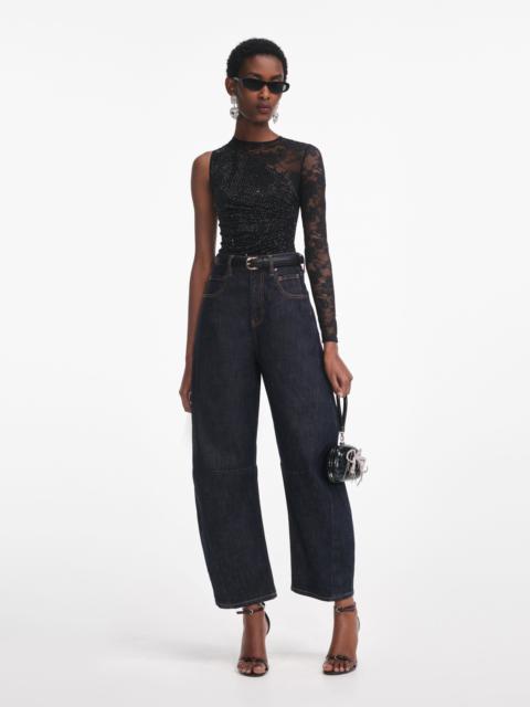 self-portrait Black Rhinestone Lace Sleeve Top