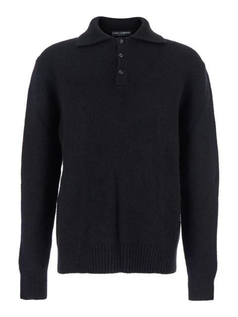 Dolce & Gabbana Dolce & Gabbana Men Black Sweater With Polo Collar And Back Logo Patch In Wool Man