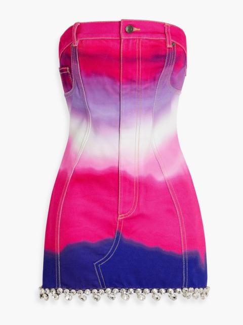 AREA Strapless crystal-embellished tie-dyed denim mini dress