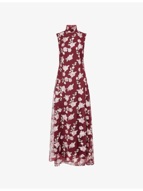 ROTATE Asyna Floral-Embroidered Mesh Maxi Dress