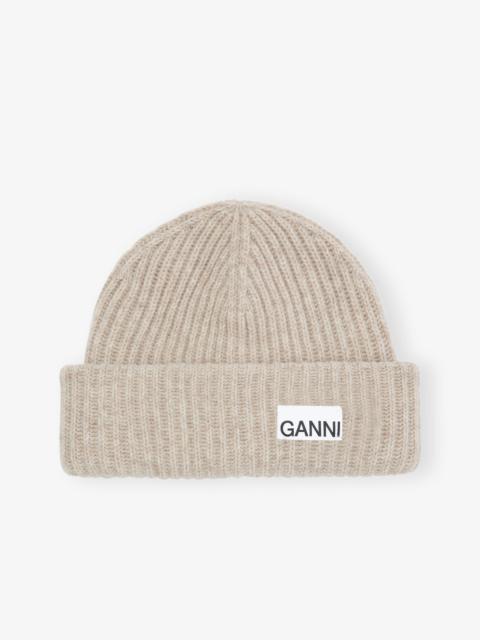 GANNI SAND FITTED WOOL RIB KNIT BEANIE