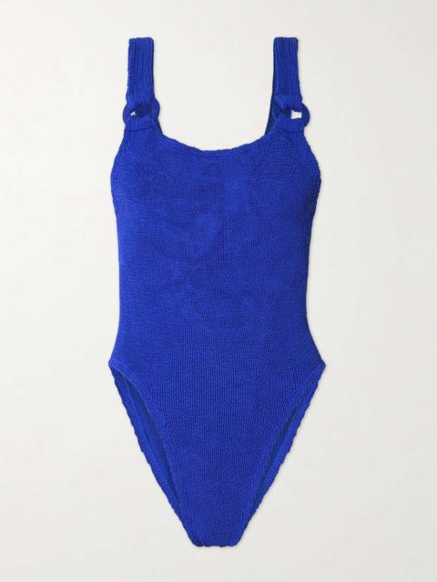 Domino embellished seersucker swimsuit Royal blue